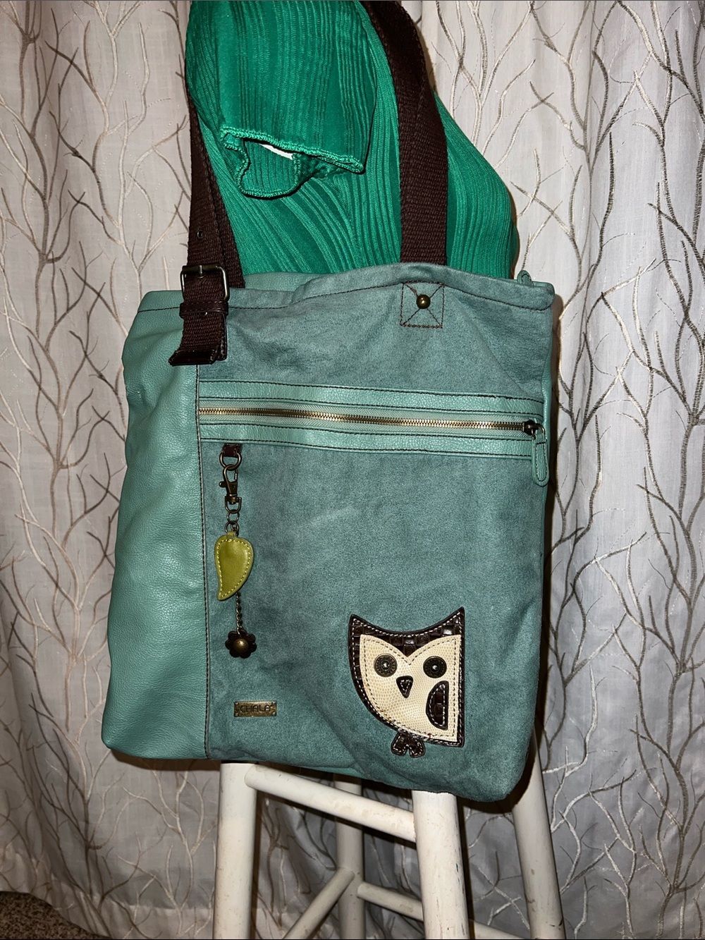 Chala Teal Owl Applique Shoulder Bag